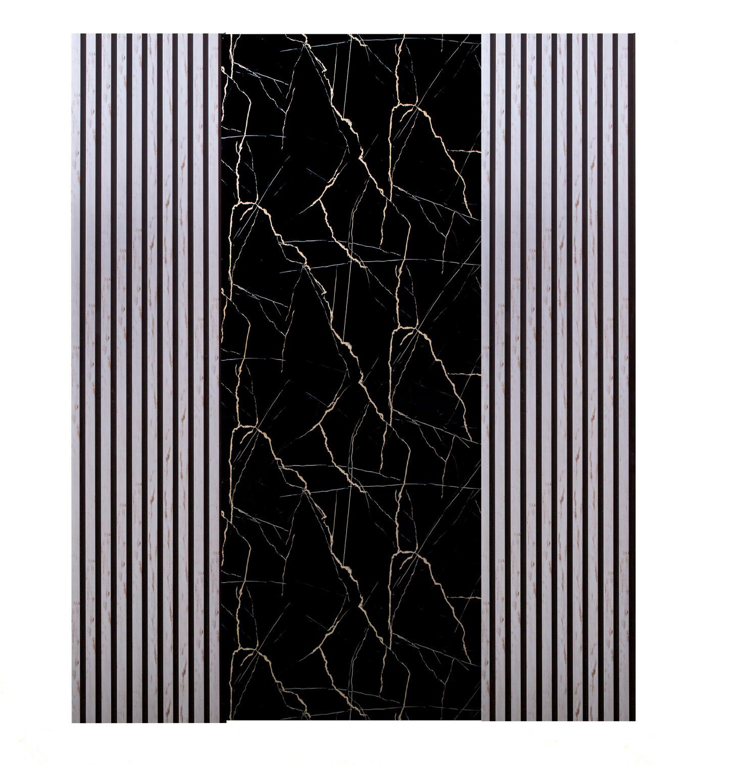Pachet: 2 Panouri Riflaj Alb cu Pete Maro (2800 x 500 mm) + 1 Placa Decorativa Negru cu Auriu (2800 x 1200 mm)