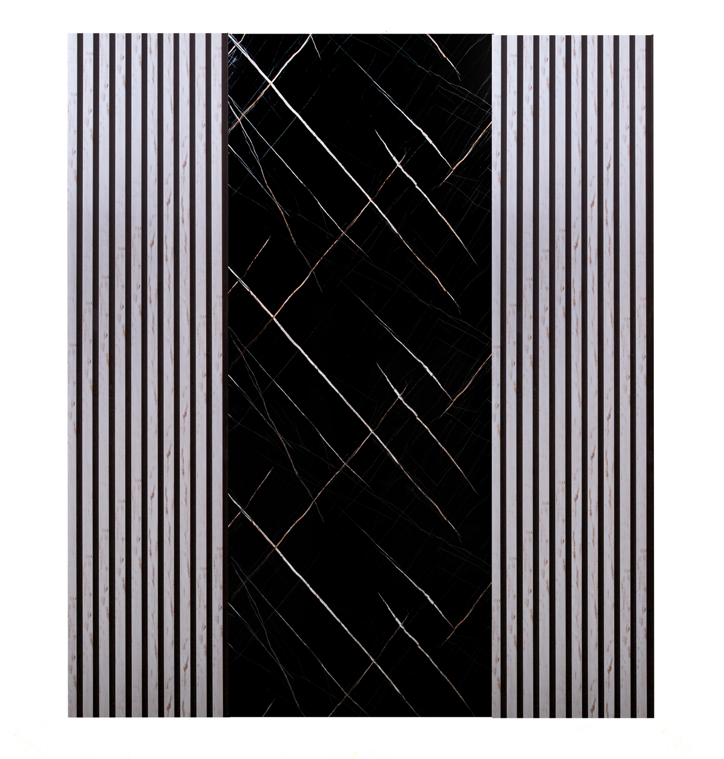 Pachet: 2 Panouri Riflaj Alb cu Pete Maro (2800 x 500 mm) + 1 Placa Decorativa Negru cu dungi Aramii (2800 x 1200 mm)