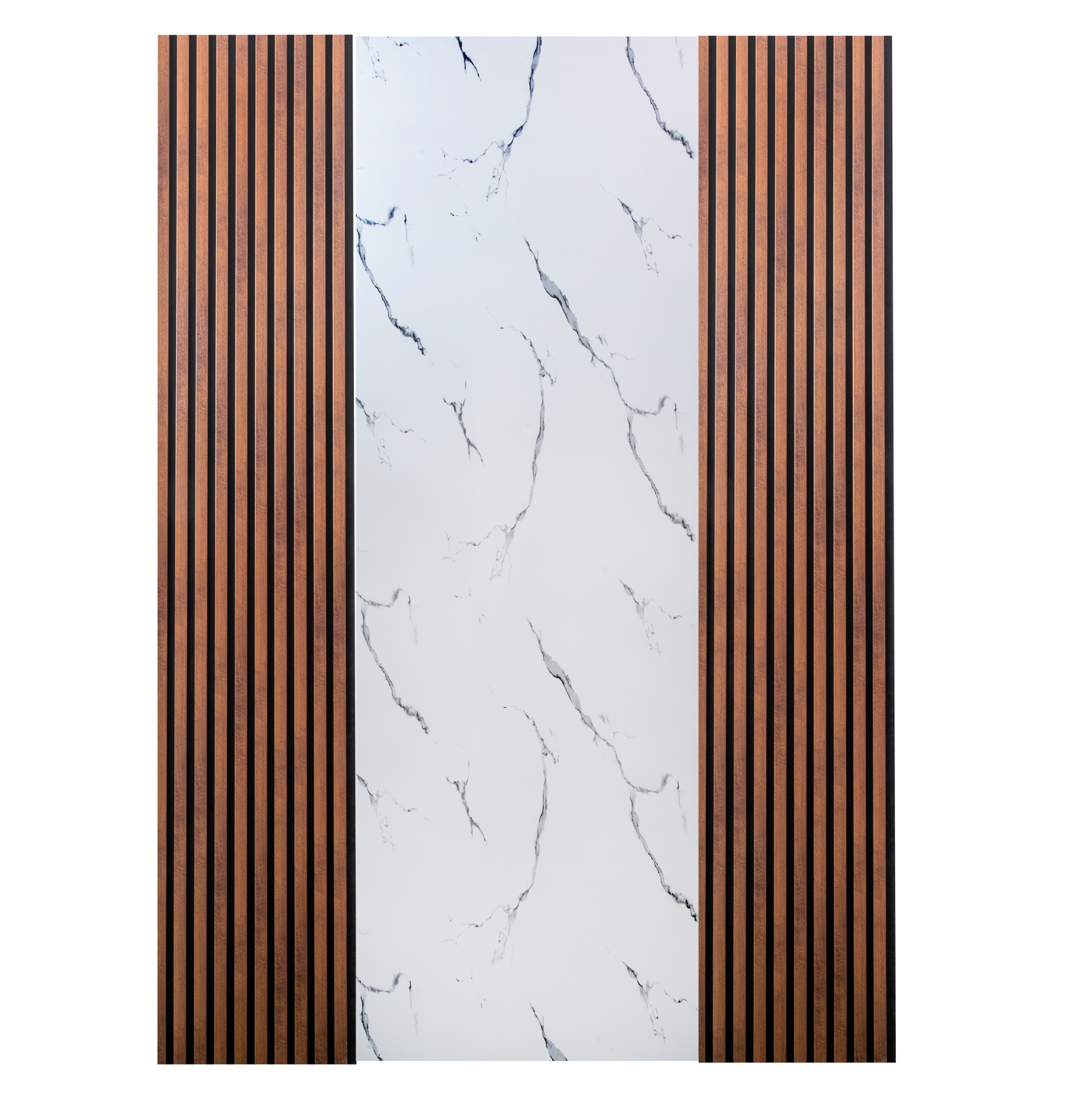 Pachet: 2 Panouri Riflaj Stejar Maro Inchis (2800 x 500 mm) + 1 Placa Decorativa Lucida White (2800 x 1200 mm)