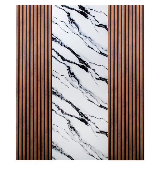 Pachet: 2 Panouri Riflaj Stejar Maro Inchis (2800 x 500 mm) + 1 Placa Decorativa Alb cu Negru (2800 x 1200 mm)