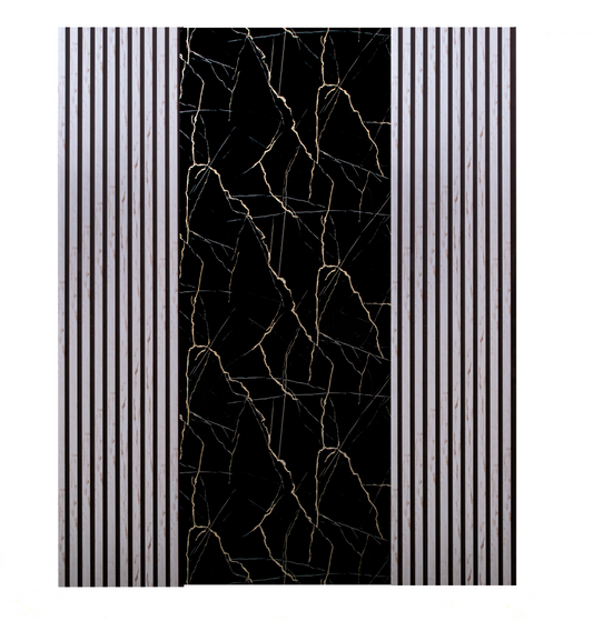 Pachet: 2 Panouri Riflaj Alb cu Pete Maro (2800 x 500 mm) + 1 Placa Decorativa Negru cu Auriu (2800 x 1200 mm)