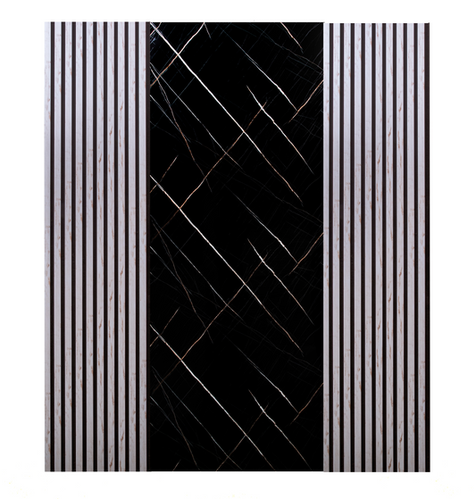 Pachet: 2 Panouri Riflaj Alb cu Pete Maro (2800 x 500 mm) + 1 Placa Decorativa Negru cu dungi Aramii (2800 x 1200 mm)