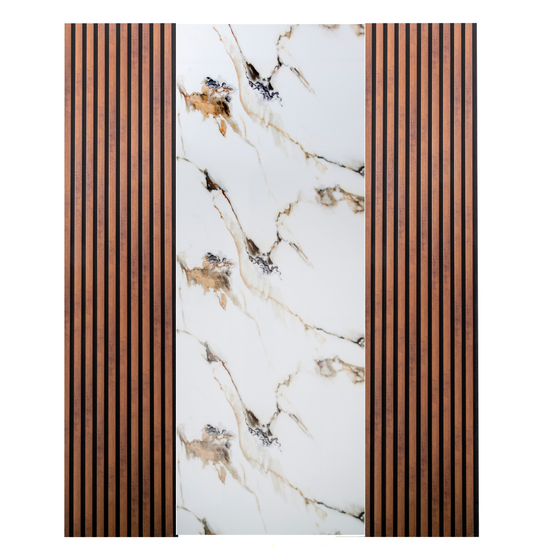 Pachet: 2 Panouri Riflaj Stejar Maro Inchis (2800 x 500 mm) + 1 Placa Decorativa White Sensation (2800 x 1200 mm)