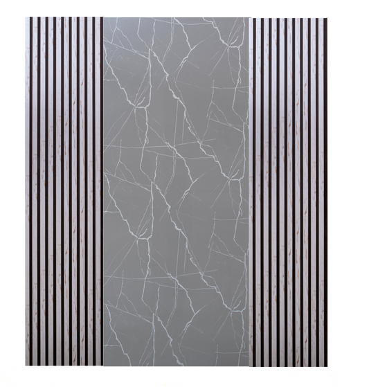 Pachet: 2 Panouri Riflaj Alb cu Pete Maro (2800 x 500 mm) + 1 Placa Decorativa Gri mat cu Textura Alba (2800 x 1200 mm)