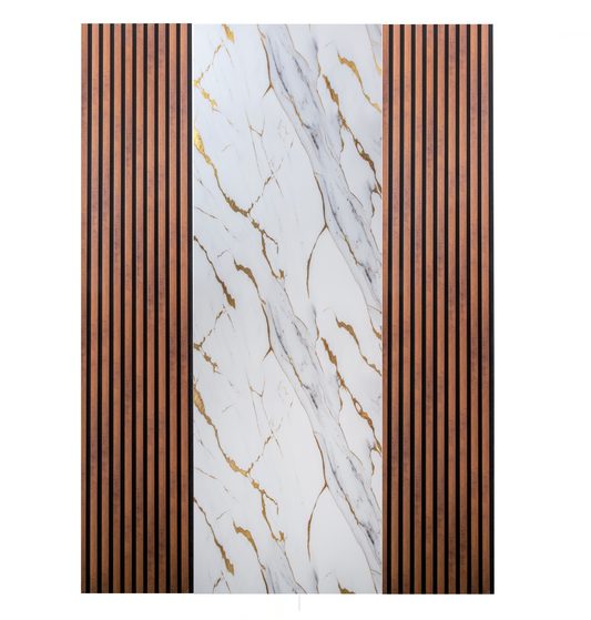 Pachet: 2 Panouri Riflaj Stejar Maro Inchis (2800 x 500 mm) + 1 Placa Decorativa White and Gold Luxury (2800 x 1200 mm)