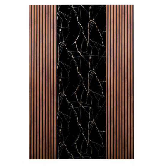Pachet: 2 Panouri Riflaj Stejar Maro Inchis (2800 x 500 mm) + 1 Placa Decorativa Negru cu Auriu (2800 x 1200 mm)