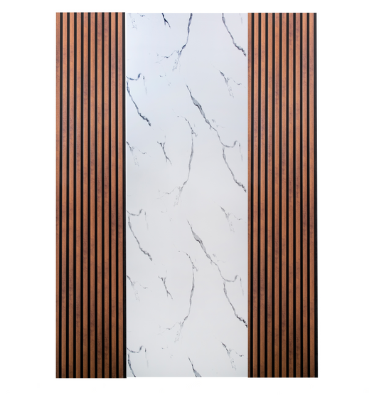 Pachet: 2 Panouri Riflaj Stejar Maro Inchis (2800 x 500 mm) + 1 Placa Decorativa Lucida White (2800 x 1200 mm)